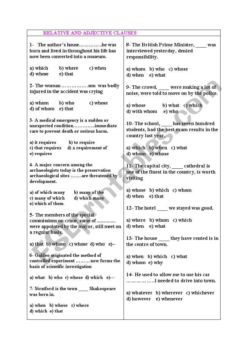 test on relative clause worksheet