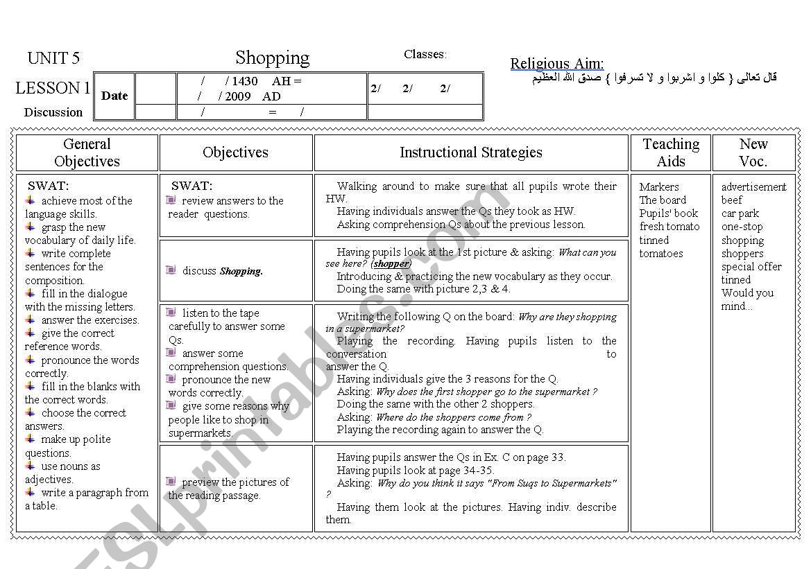 shopping worksheet