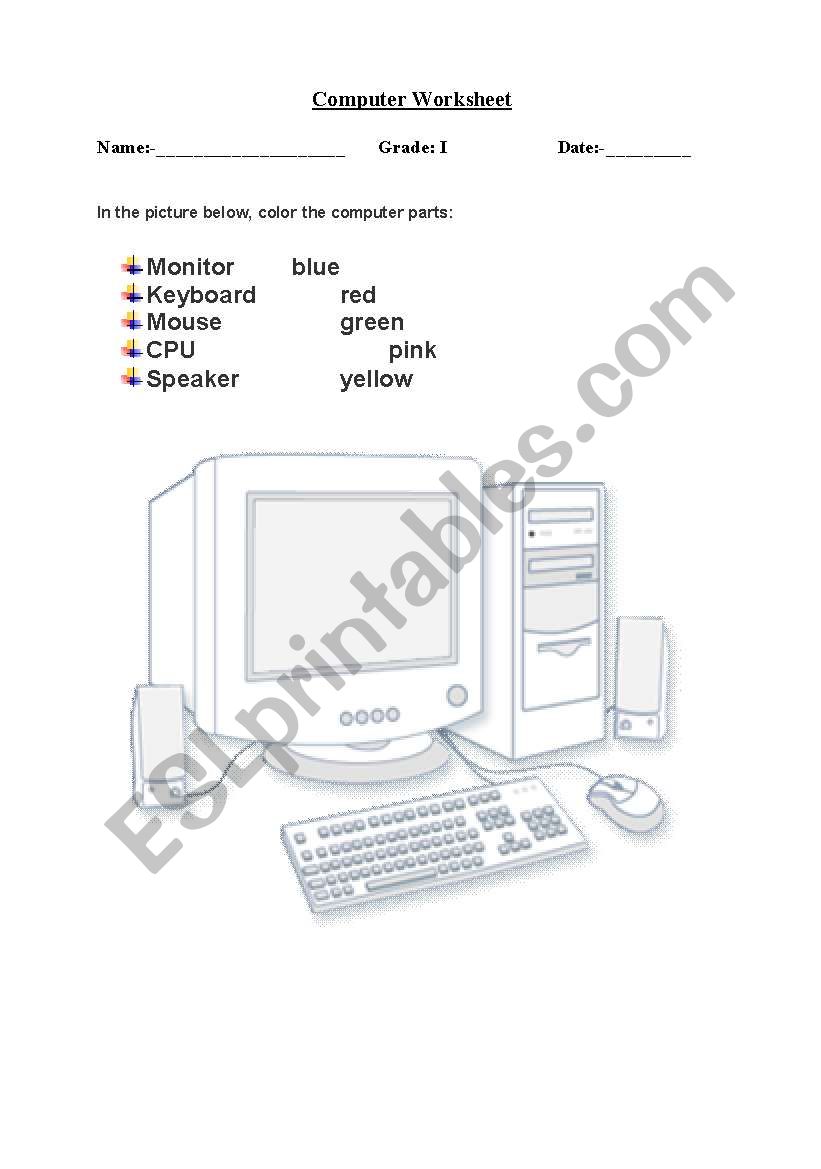 Color the computer parts worksheet