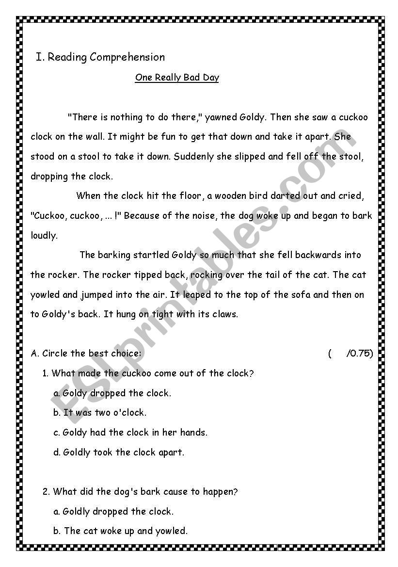 Reading Comprehension Exam 5 worksheet