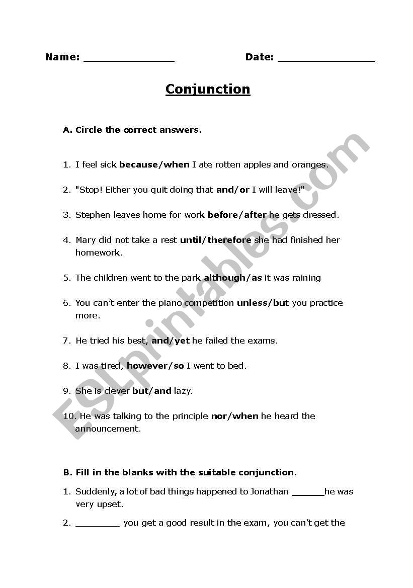 conjunction worksheet