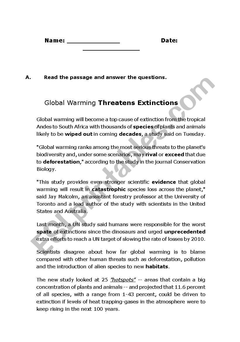 Environment worksheet