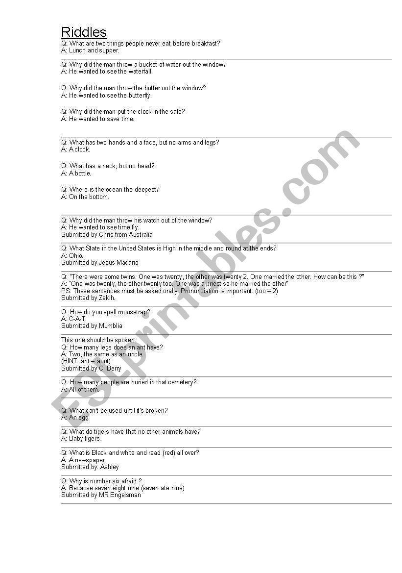 Riddles worksheet