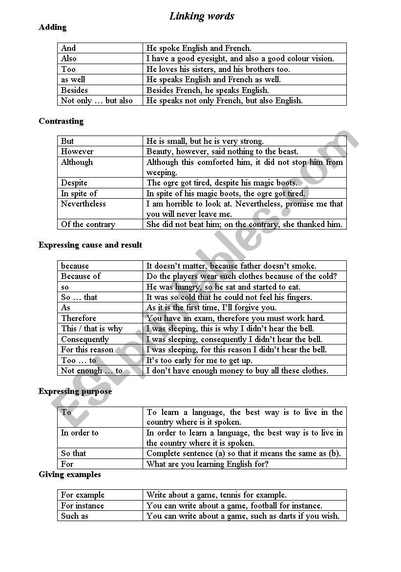 linking words worksheet