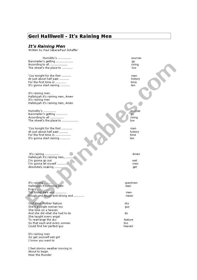 Sing a song: its raining men worksheet