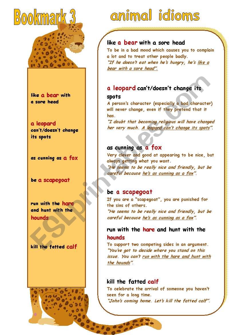 ANIMAL IDIOMS BOOKMARK worksheet