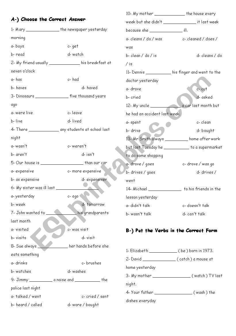 Past Simple was-were Revision Worksheet