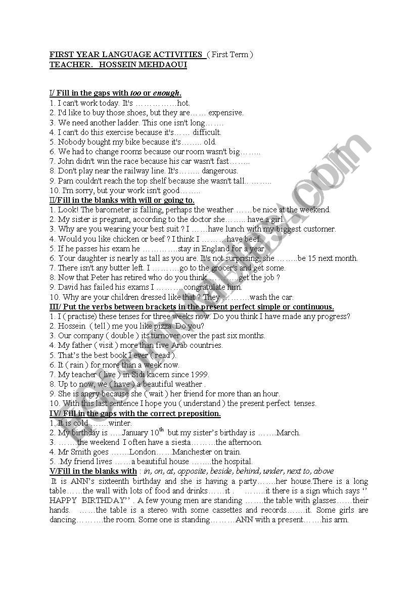 intermediate language test worksheet