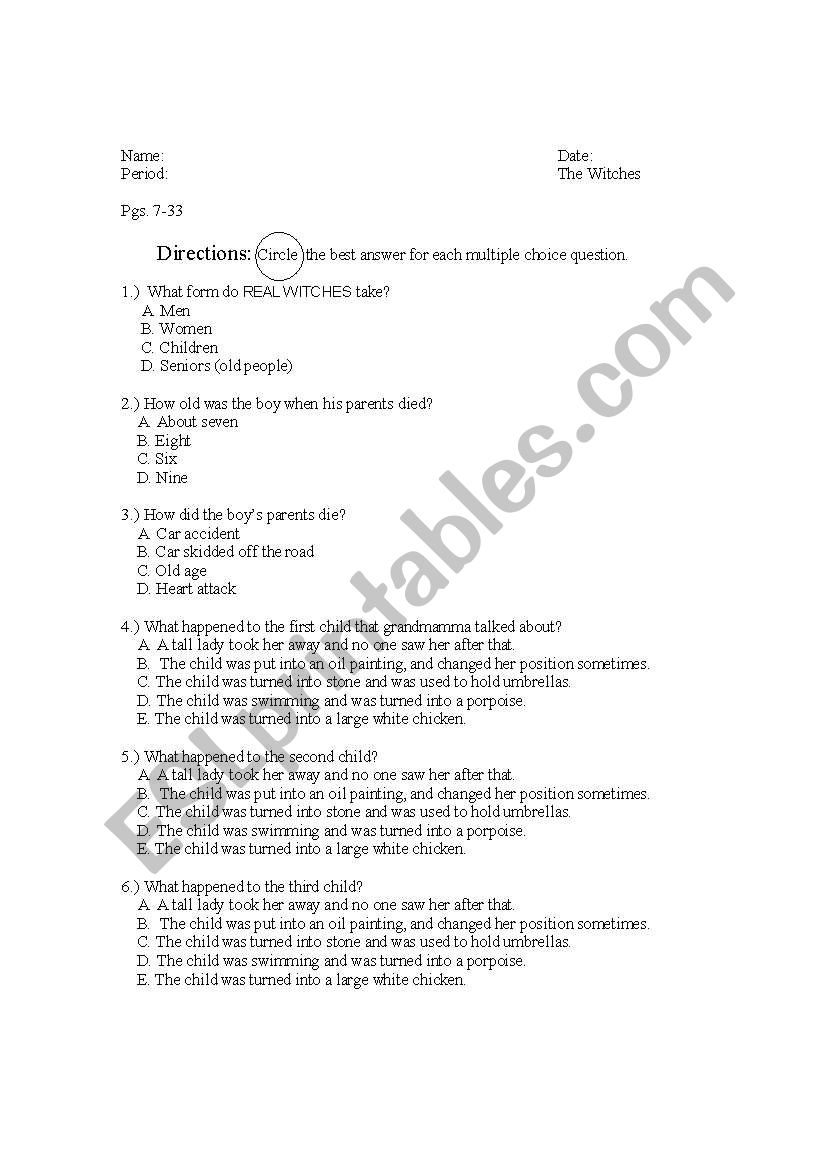 worksheet for The Witches worksheet