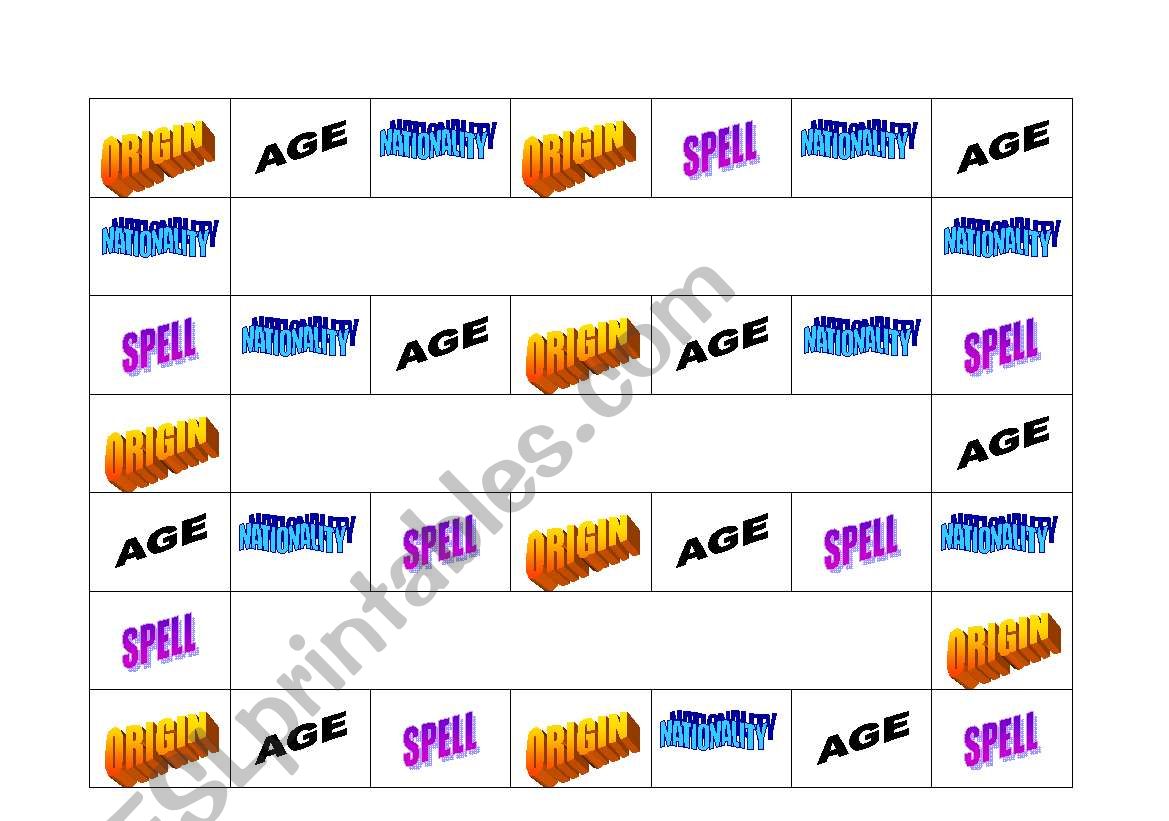 board game about origin,nationalities, age, spelling .