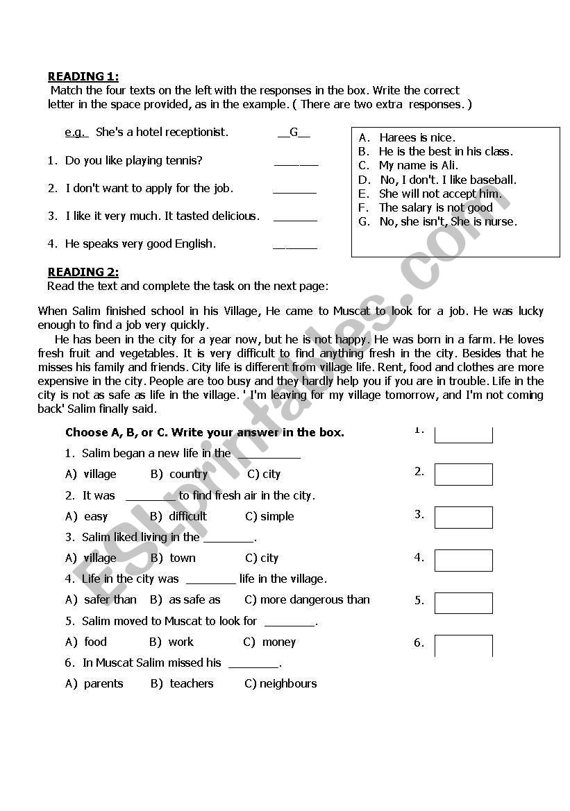 Reading comprehension worksheet