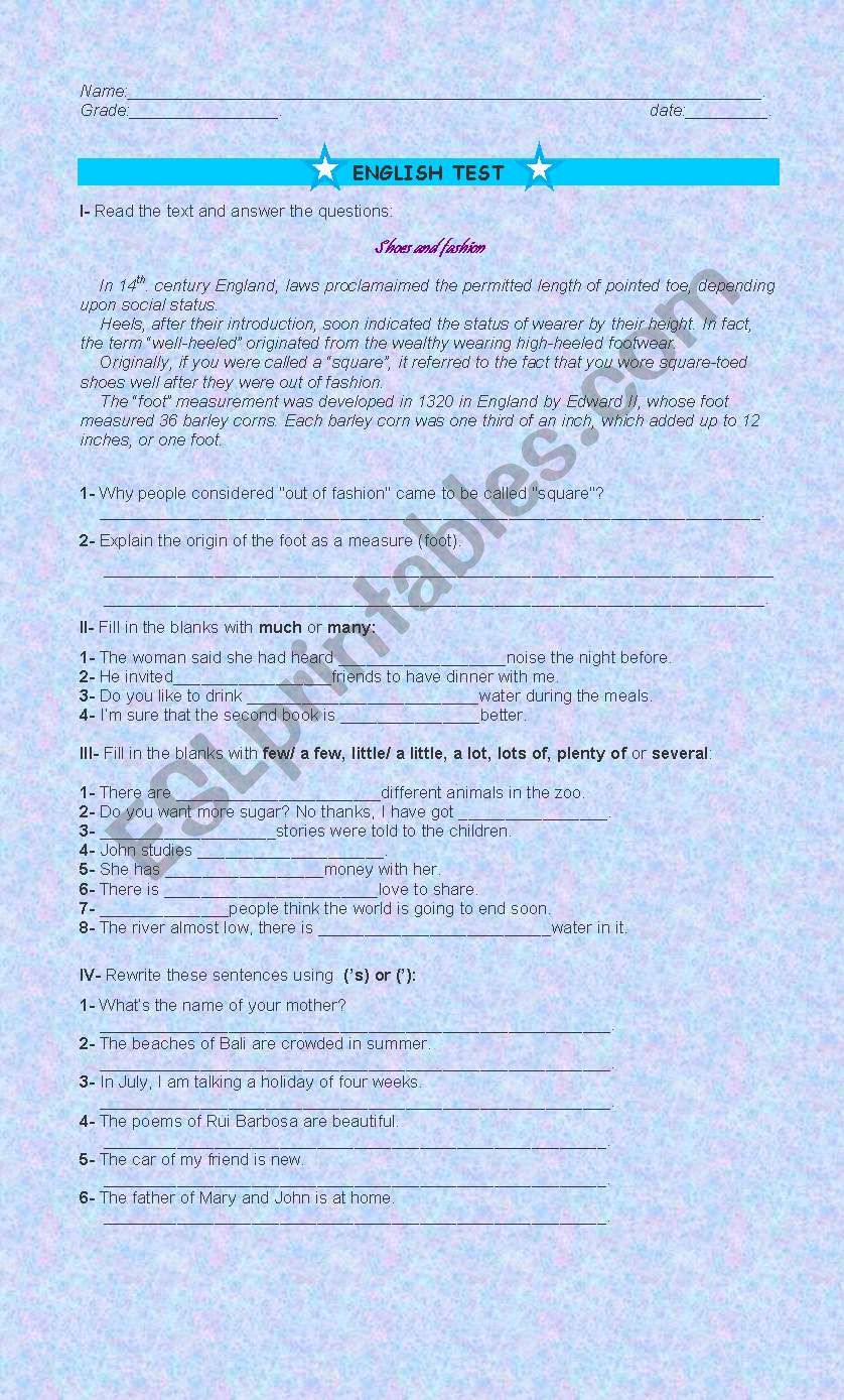 English test - 7th. grade worksheet