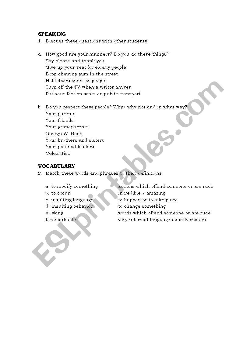 Manners worksheet