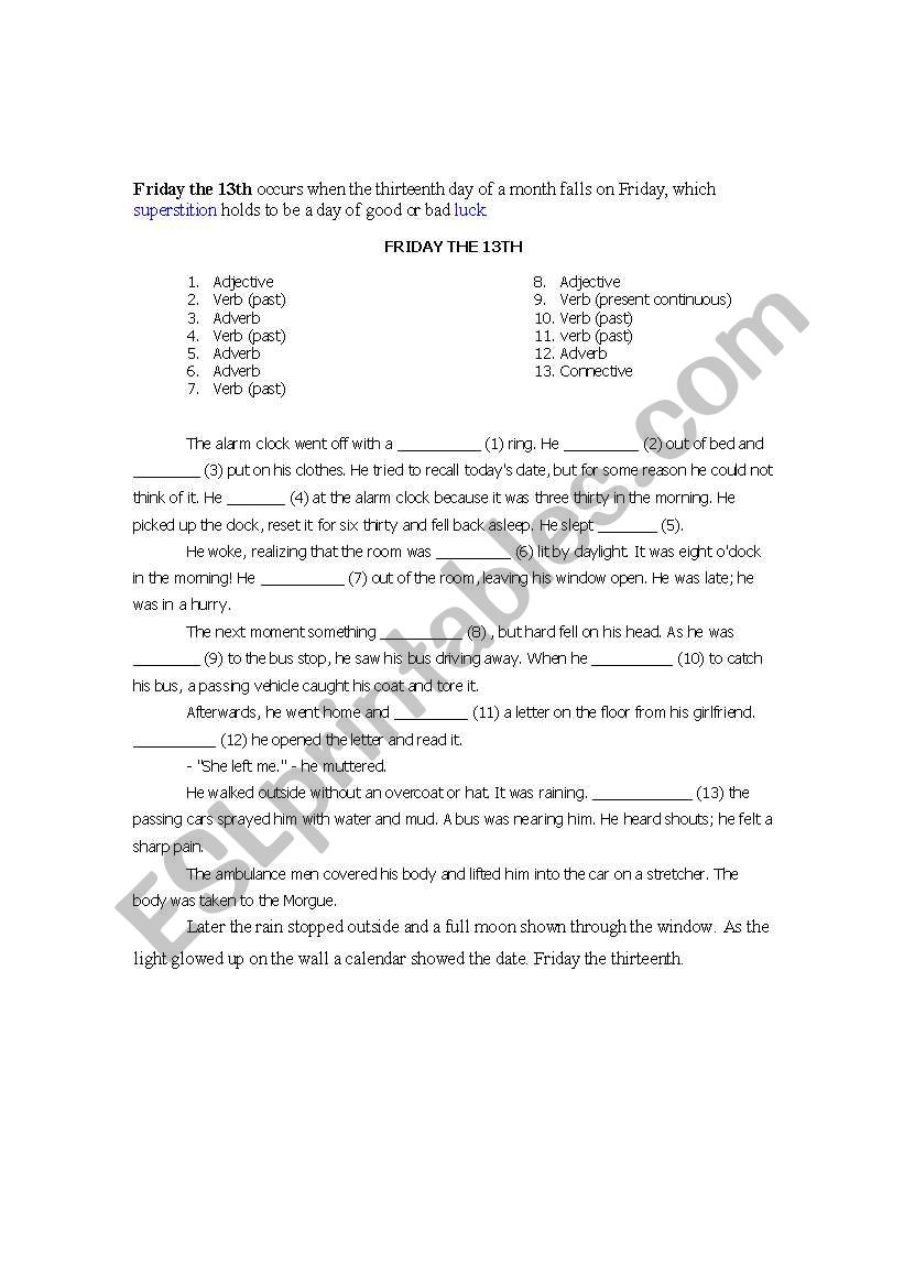 Friday the 13th Mad Lib worksheet