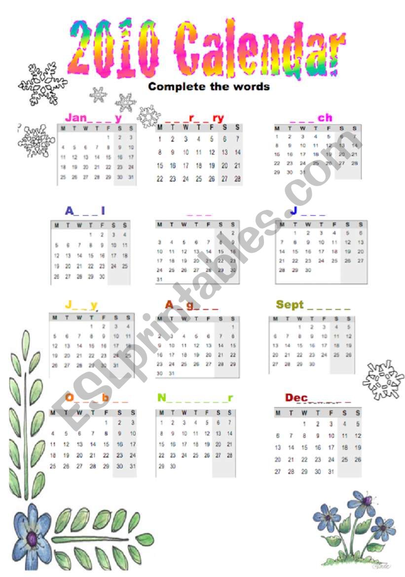 2010 calendar worksheet
