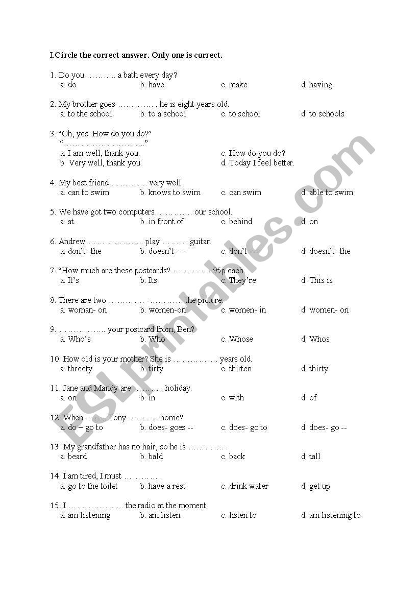 Test (multiply test) worksheet