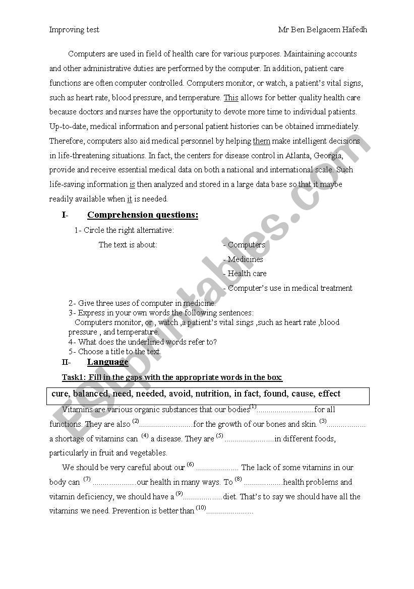 computers in healthcare worksheet