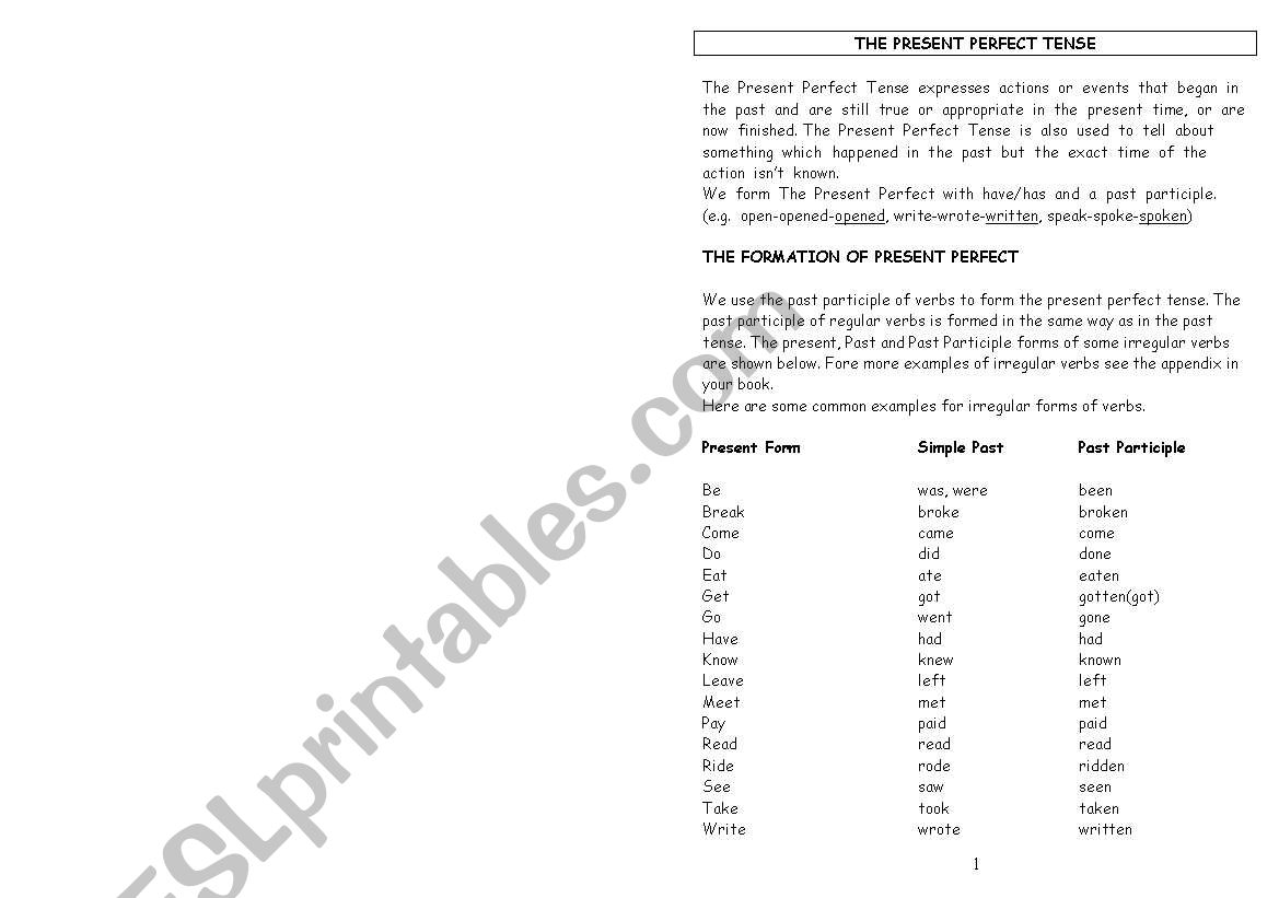 	Present perfect Tense for student