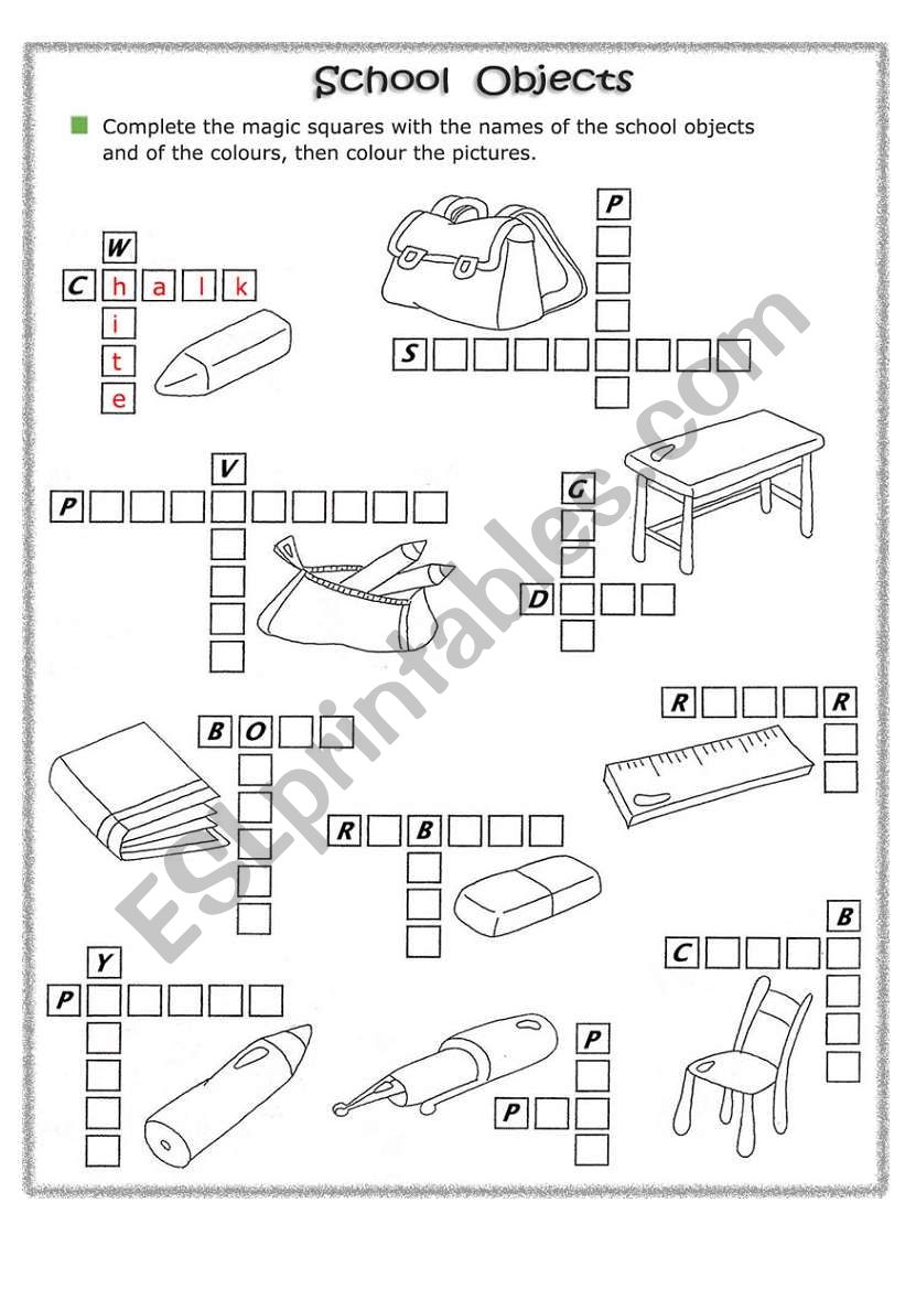 colours and school objects worksheet