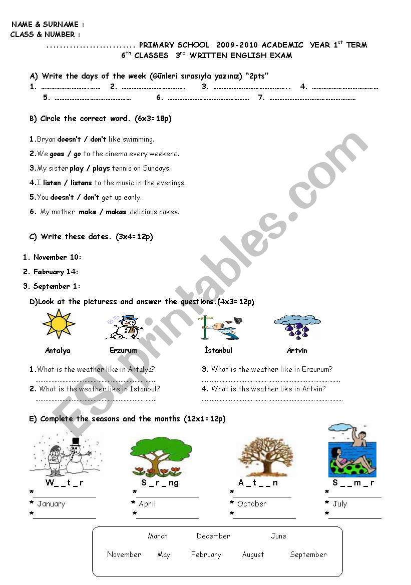 6th Grade 3rd Exam worksheet