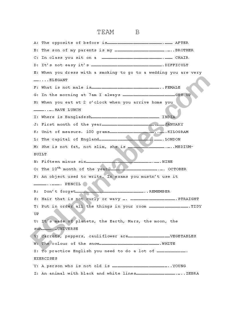 Pass the word TEAM B worksheet