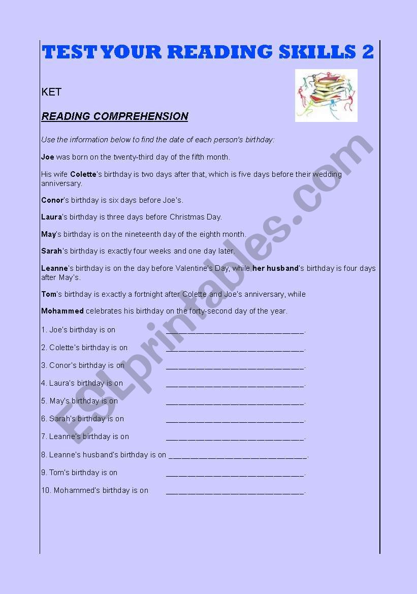 TEST YOUR READING SKILLS 2 worksheet