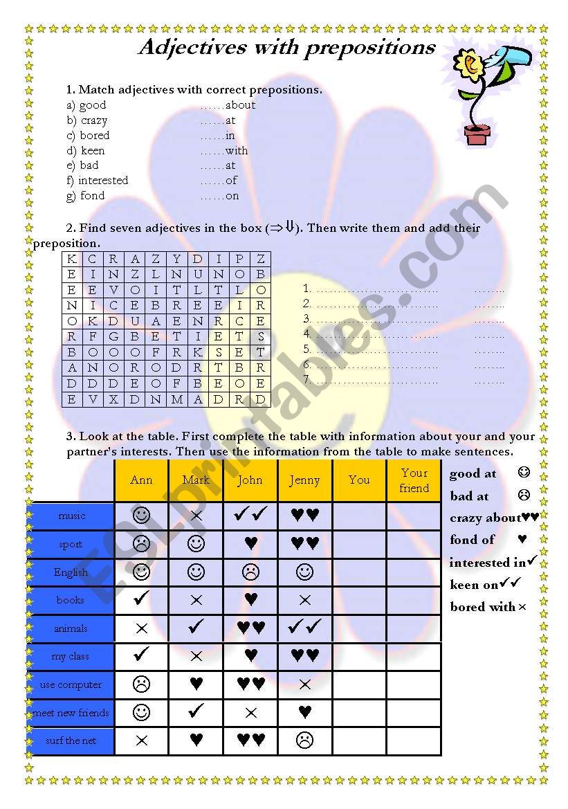 Adjectives with prepositions worksheet