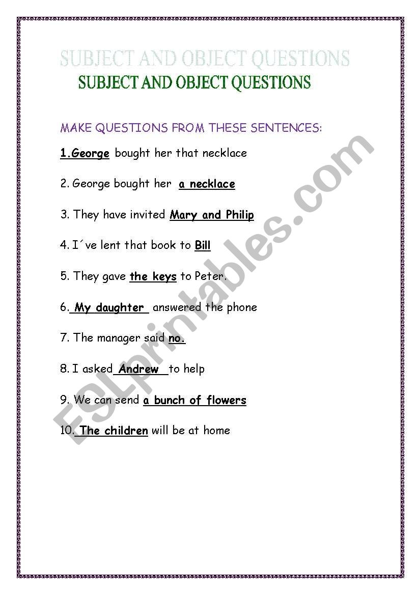 SUBJECT AND OBJECT QUESTIONS worksheet