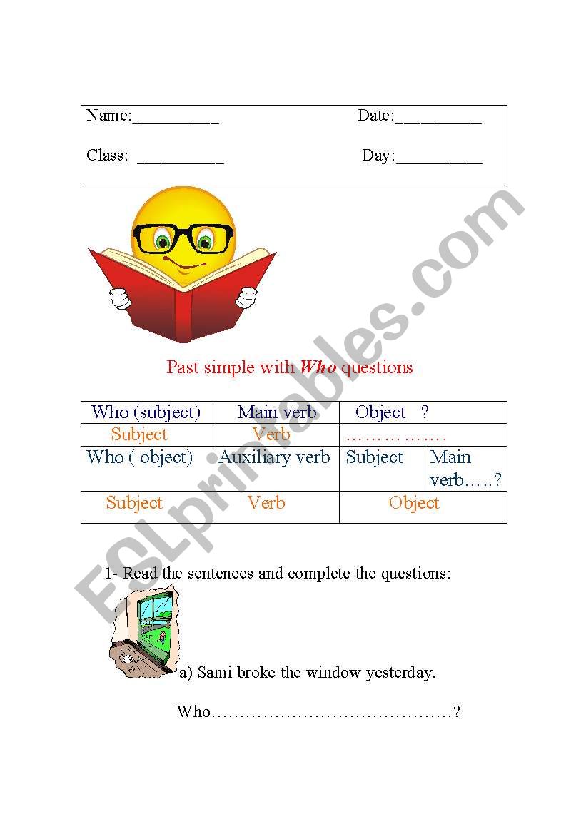 past simple -who questions worksheet