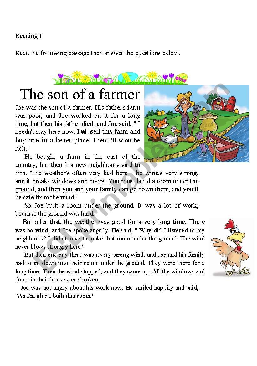 the son of the farmer reading activity or test