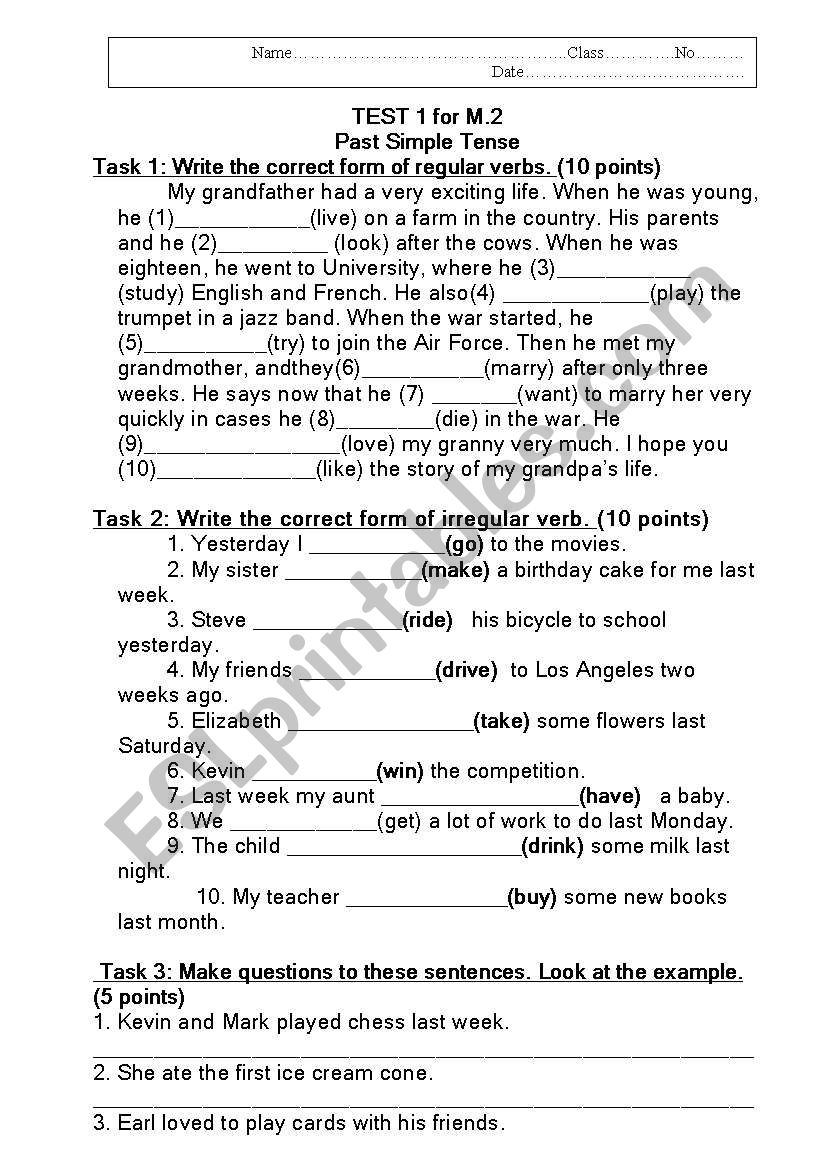 Past tense Test worksheet