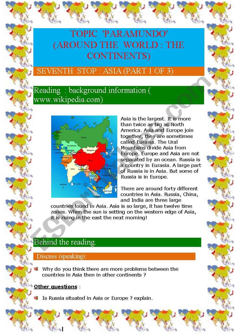 Around the world : the continents (Asia part 1 of 3)(8 pages)