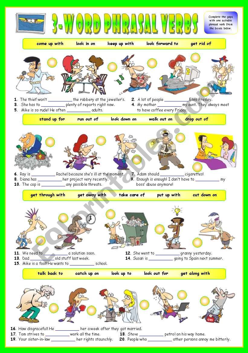 First series of 3-Word Phrasal Verbs. Exercises (Part 2/3). Key included!!!