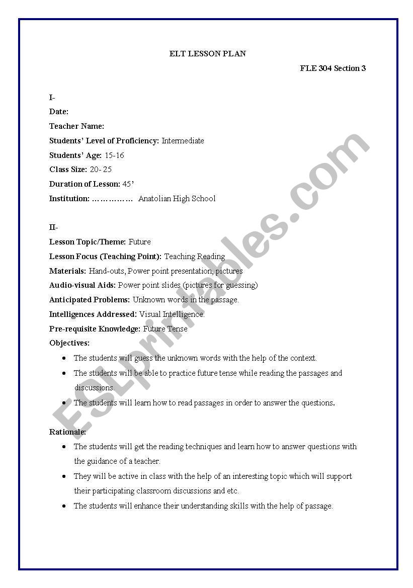 reading lesson plan for intermediate levels