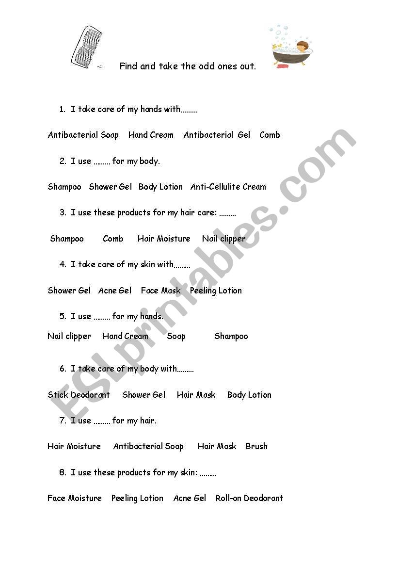 body care odd one out worksheet