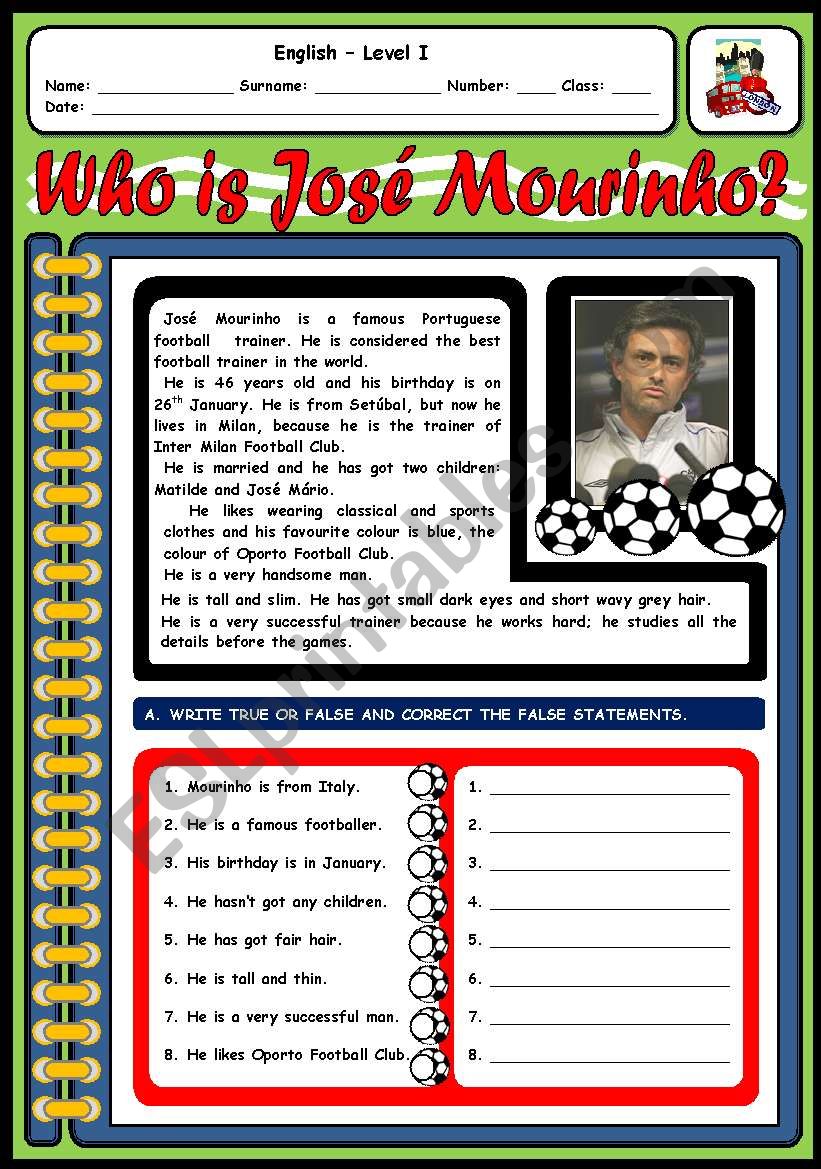 WHO IS JOS MOURINHO? worksheet