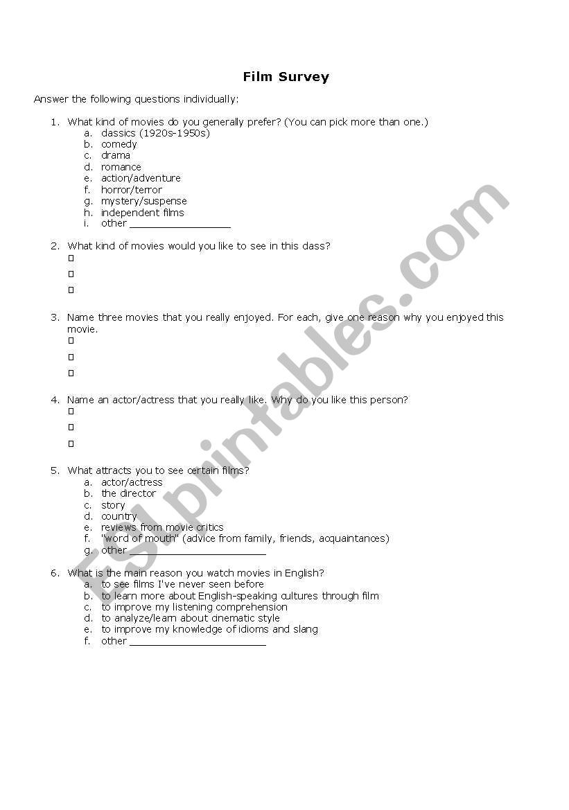 Film Survey worksheet