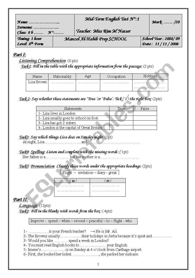 8 Th Form Mid-Term English Test (Term 1)