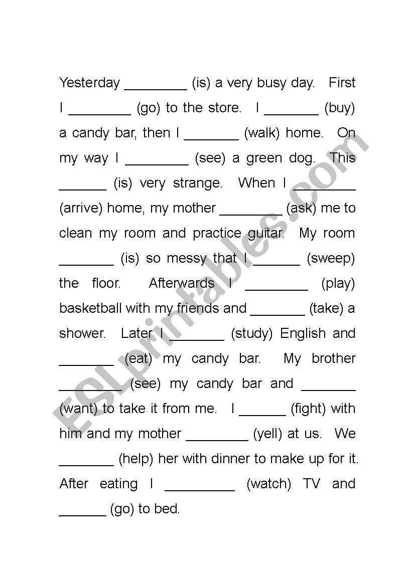 Past Tense Story Cloze - ESL worksheet by armypoole