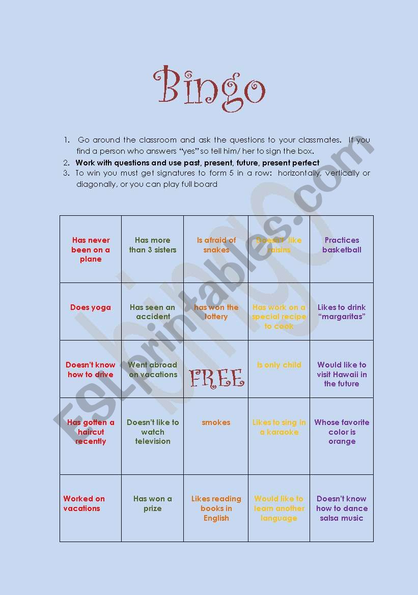 Questions bingo worksheet