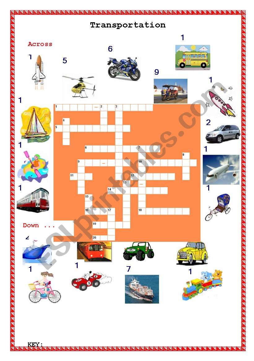 transportation: crossword worksheet