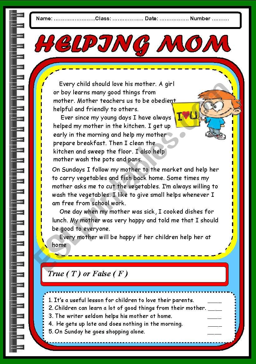 READING  - HELPING MOM ( 2 PAGES)