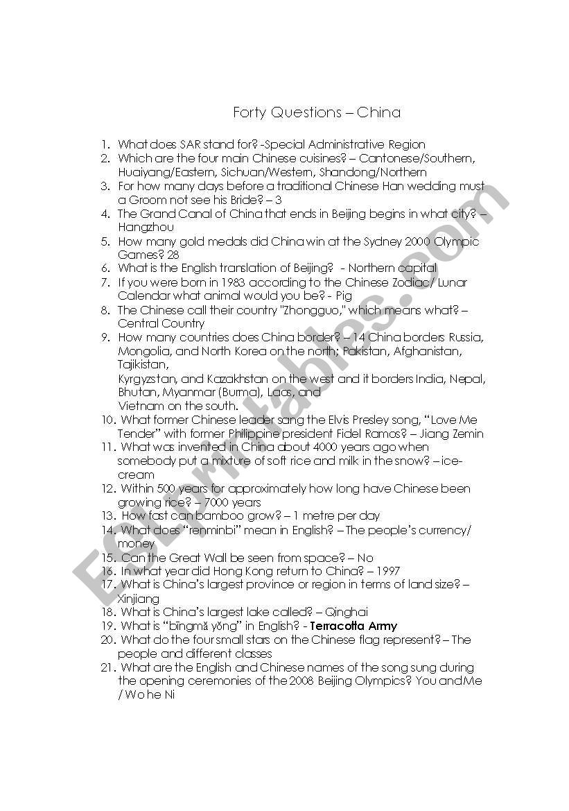 Forty Questions China worksheet