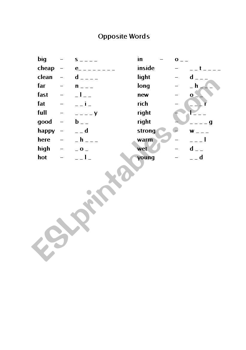 Opposite words worksheet