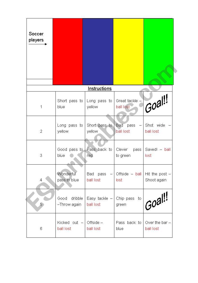 Football / Soccer Dice Game worksheet
