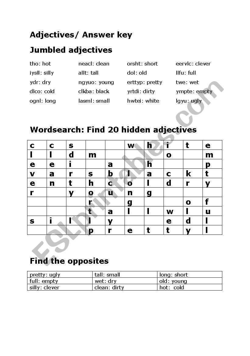 Adjectives/ answer key worksheet