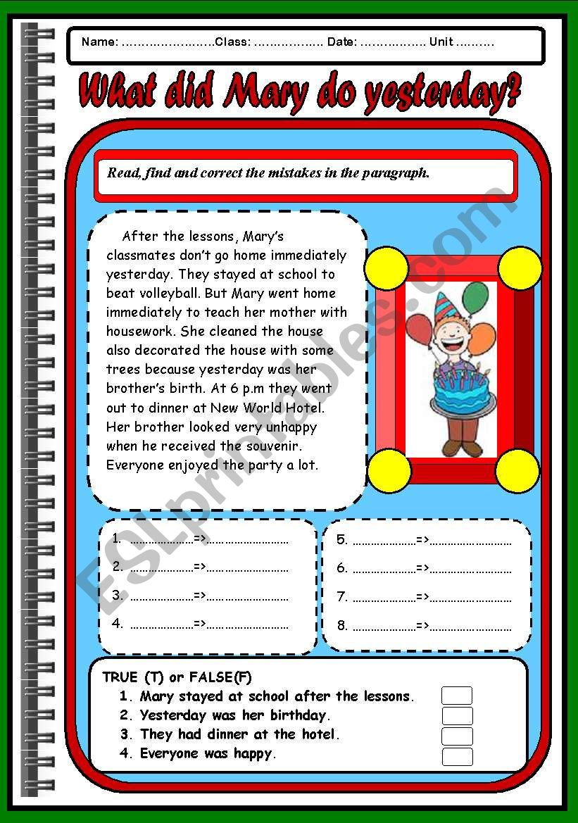 What did Mary do yesterday? worksheet