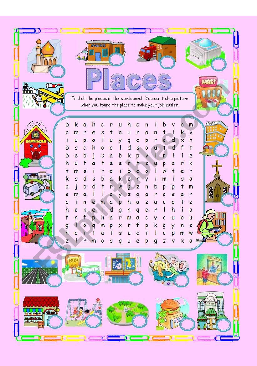 Places wordsearch worksheet