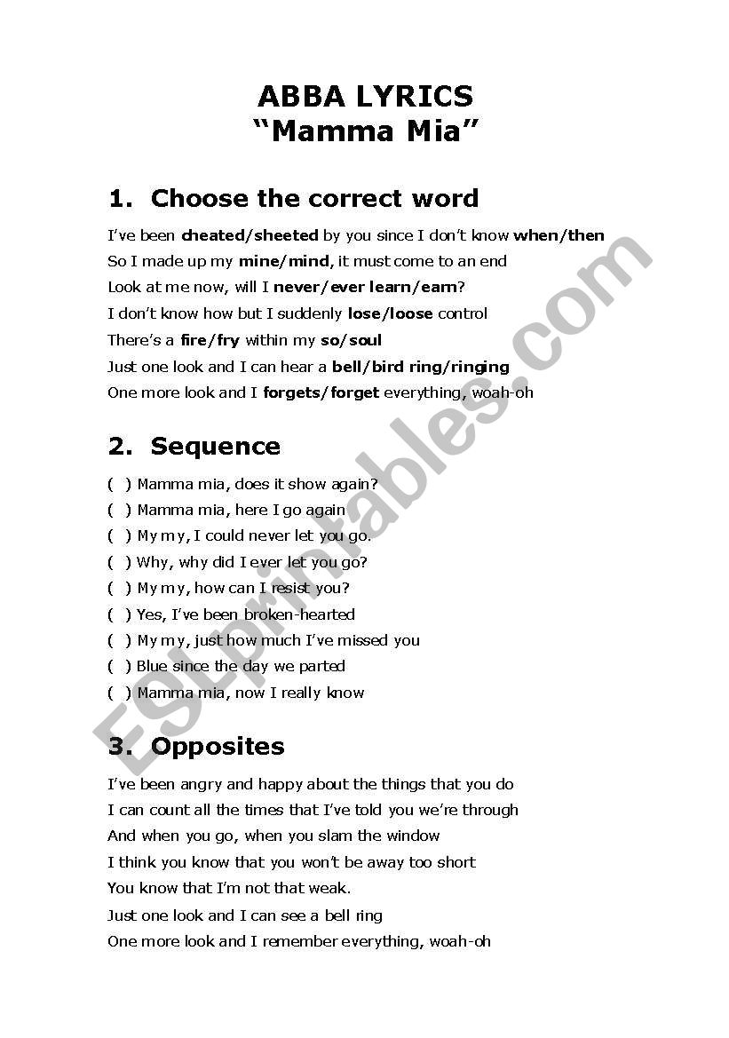 MAMMA MIA by ABBA worksheet