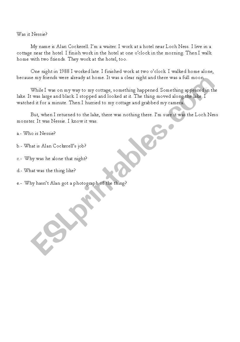 was it nessie? worksheet